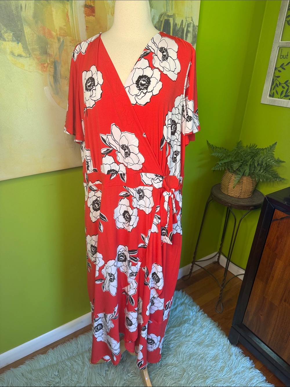 Lane Bryant Red Floral Wrap Midi Top